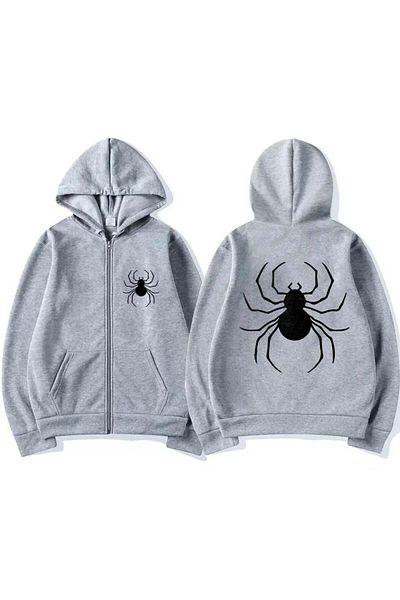 Touz Moda Dangerous Spider εμπρός-πίσω τυπωμένη υπερμεγέθη γκρι ζακέτα με κουκούλα με φερμουάρ