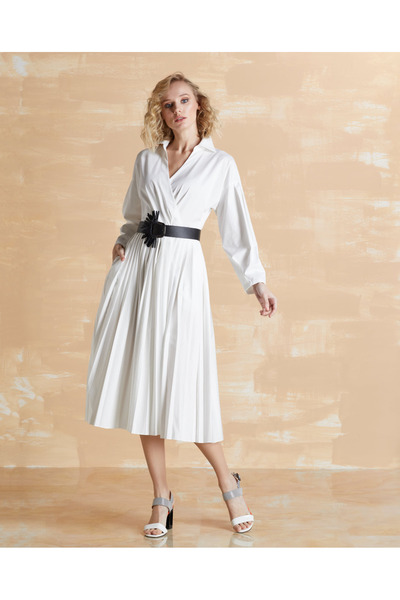 SERPİL Uzun Kollu Püsküllü Deri Kemer Detaylı Pileli Ekru Elbise 32378