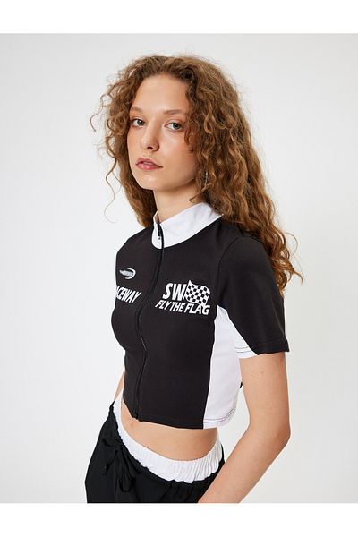 Koton Tricou Crop Fermoar Imprimat colegiu Guler Stand Color Block Maneca scurta