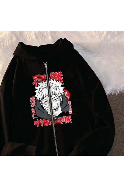 Touz Moda Μοτίβο αφίσας Jujutsu Kaisen - Unisex Μαύρη ζακέτα με κουκούλα
