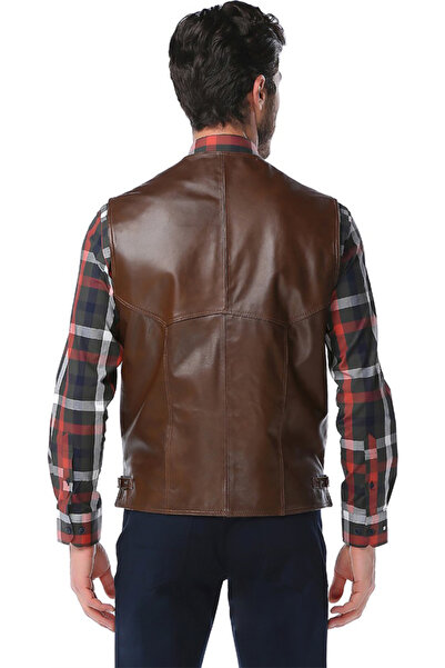 Dericlub Essen Men's Buttoned Classic Genuine Leather Vest Camel Antique