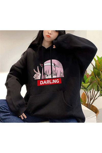 Touz Moda Μαύρο φούτερ με κουκούλα με στάμπα Zero Two Darling Unisex Oversize