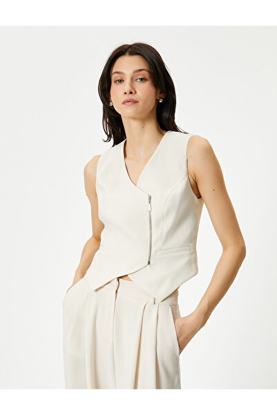 Koton Blazer Vest Wrap Zipper Detailed V-Neck Fleto Pocket