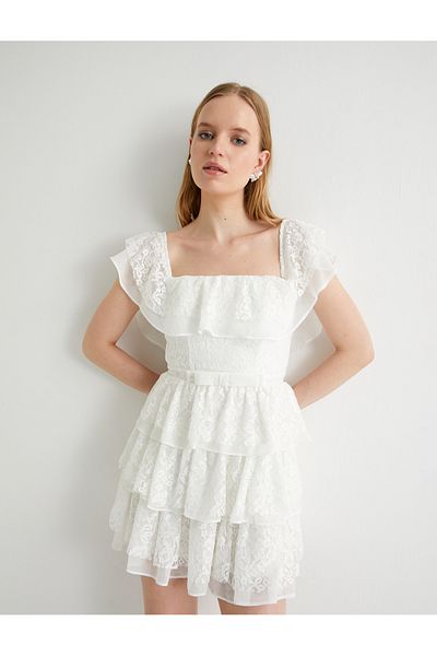 Koton Mini Lace – schulterfreies Brautkleid mit Rüschenärmeln und Futter