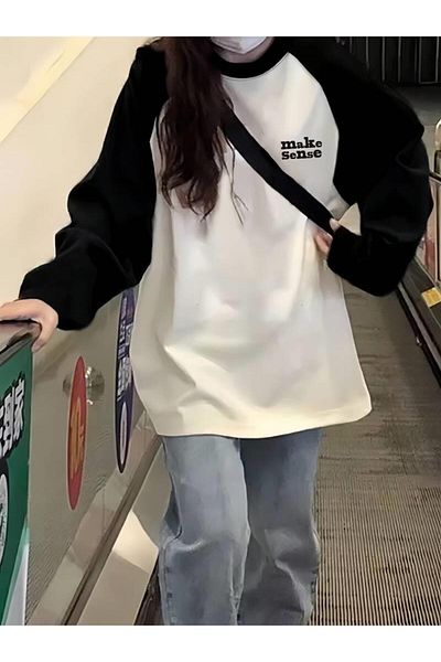 Touz Moda Tricou alb cu mânecă lungă cu imprimeu Vintage Raglan Make Sense