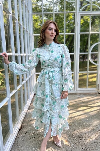 HELİS BUTİK Green Patterned Flounce Dress