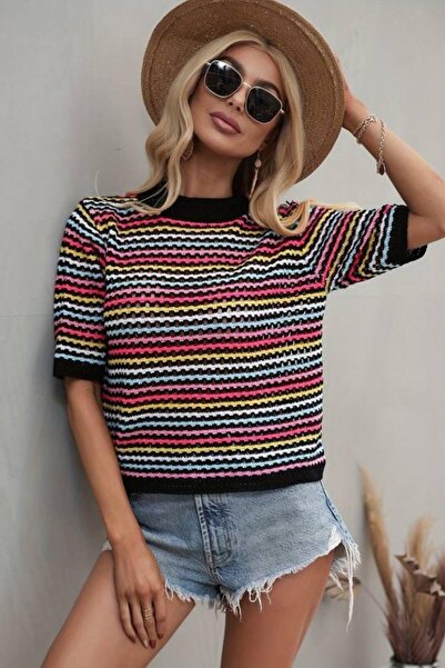 Mossta Μαύρη πλεκτή μπλούζα - κοντό μανίκι, χρώμα ριγέ , λαιμόκοψη