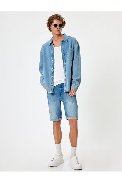 Koton Τζιν σορτς Bermuda Cut Slim Fit - με μανσέτες και λεπτομέρειες