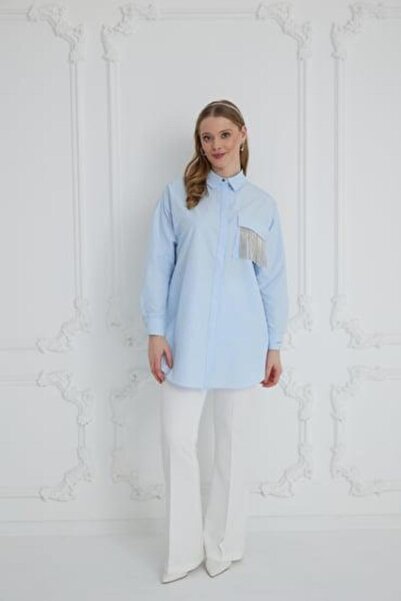 Moodbasic MOODBASİC TAŞLI PAMUKLU GÖMLEK MB11.213 Mavi