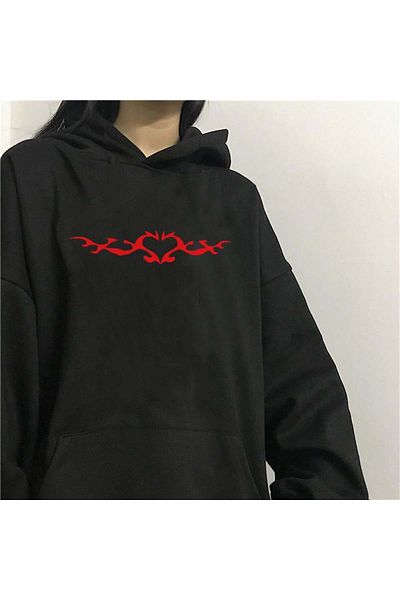 Touz Moda Унисекс суитшърт с качулка и щампа на сърце в черен цвят