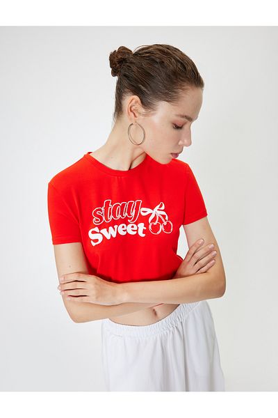 Koton Cotton Short Sleeve T-Shirt - Bow Printed, Crew Neck