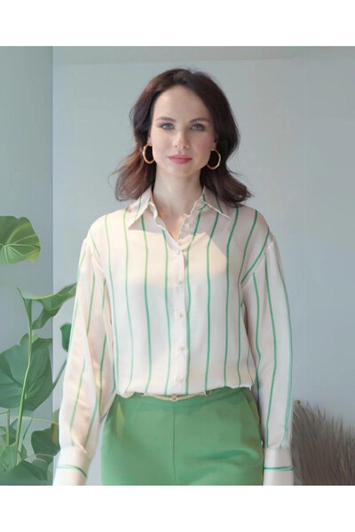 SERPİL Çizgili Uzun Kollu Yeşil Gömlek 39662