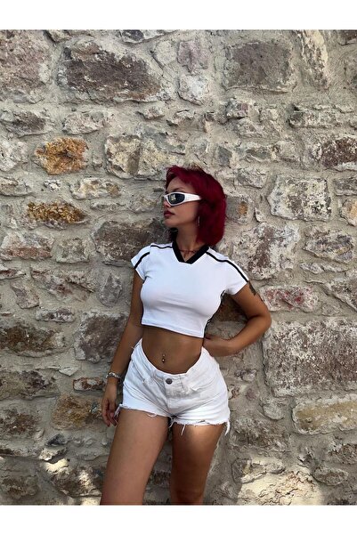 Toum MODESSY Y2k Crop alb cu dungi și decolteu în V