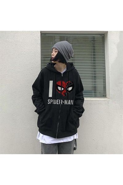 Touz Moda I Love Spider-Man Printed Oversize Μαύρη ζακέτα με κουκούλα Unisex με φερμουάρ