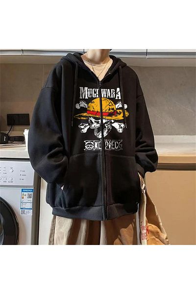Touz Moda One Piece Mugiwara Printed Oversize Μαύρη ζακέτα με κουκούλα Unisex με φερμουάρ