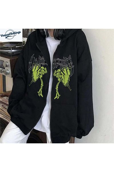Touz Moda Harajuku Gothic Retro Butterfly Printed Oversize Μαύρη ζακέτα με κουκούλα Unisex με φερμουάρ
