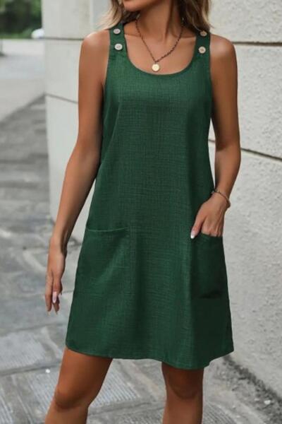 Mossta Λινό φόρεμα με χοντρές τιράντες, λεπτομέρεια με κουμπιά και τσέπες, πρ...