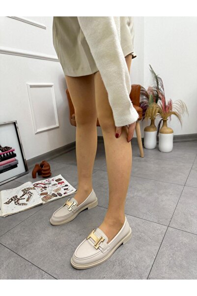 ERVANIN BUTİĞİ Bej Cilt( Ellie) Gold Toka Detay Ortopedik Taban Kadın Loafer