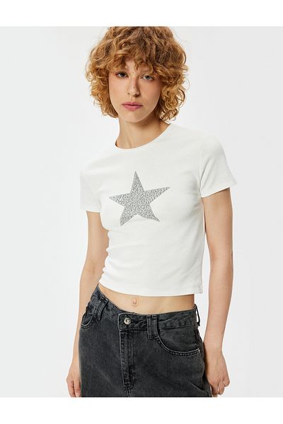 Koton Crew Neck Stone Detailed Star Printed Slim Fit Short Sleeve T-Shirt