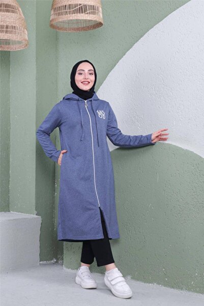 Bwest Yazı Baskılı Fermuarlı Kapşonlu Uzun Sweat - 03081.006 - İndigo