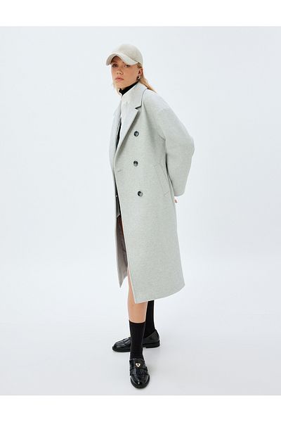 Koton Long Double Breasted Stamp Oversize Coat with Pockets