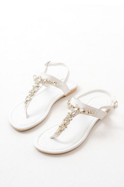 ELLOLİTA LUXURY SHOES 152-1110 White Silver Jewelled Flip Flops Women's Sandals