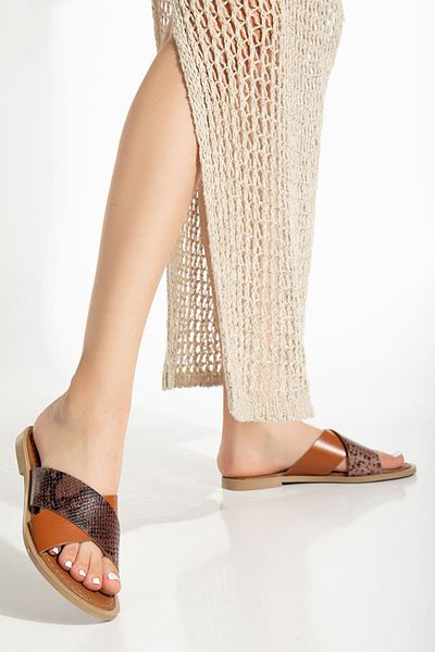 ELLOLİTA LUXURY SHOES 169-076 Tan Orthopedic Genuine Leather Cross Banded Women's Slippers