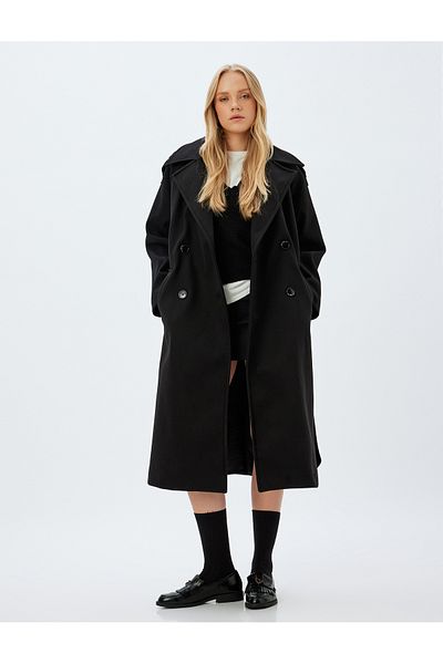 Koton Double Breasted Long Stitched Coat with Pockets
