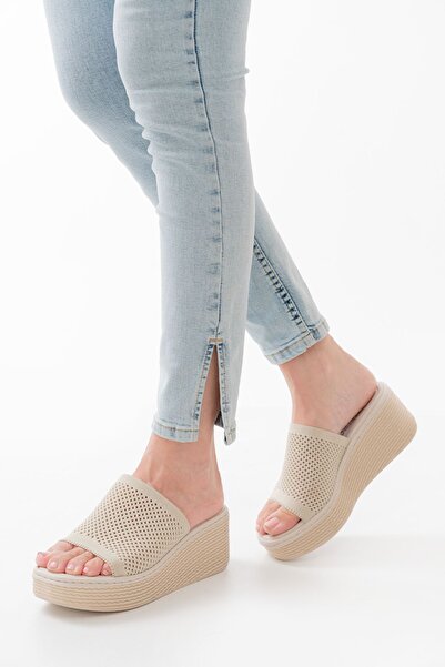 İNFON Beige Knitwear Women's Slippers - 232-460 Orthopedic Wedge Heel Daily