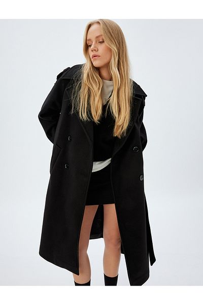 Koton Double Breasted Long Stitched Coat with Pockets