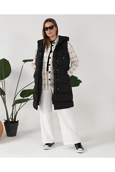 Bwest Hooded Sleeveless Puffer Long Vest - 70040.003 - Black