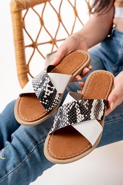 ELLOLİTA LUXURY SHOES 169-076 White Orthopedic Genuine Leather Cross Banded Women's Slippers