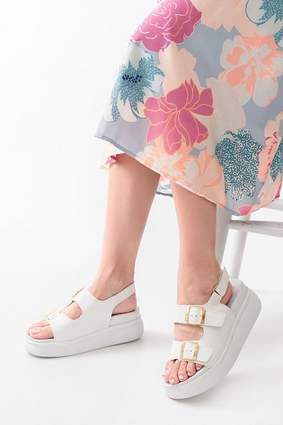 ELLOLİTA LUXURY SHOES 24422-1185 White Wedge Heel Women's Sandals