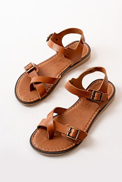 serkanseyyid 205-091 Tan Orthopedic Genuine Leather Women's Sandals