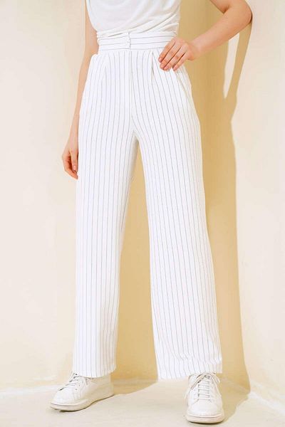 Mossta White Striped Palazzo Trousers - Pocketed