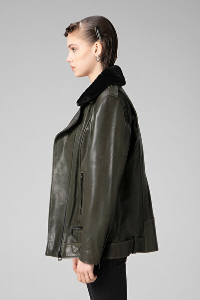 Dericlub Green Furry Leather Collar Women's Coat - Wm020 Savaki