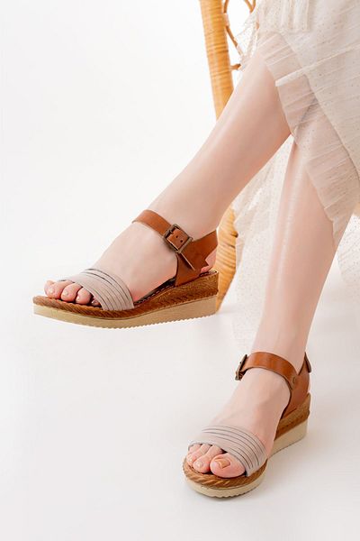 ELLOLİTA LUXURY SHOES 731-07 Beige Orthopedic Genuine Leather Wedge Women's Sandals