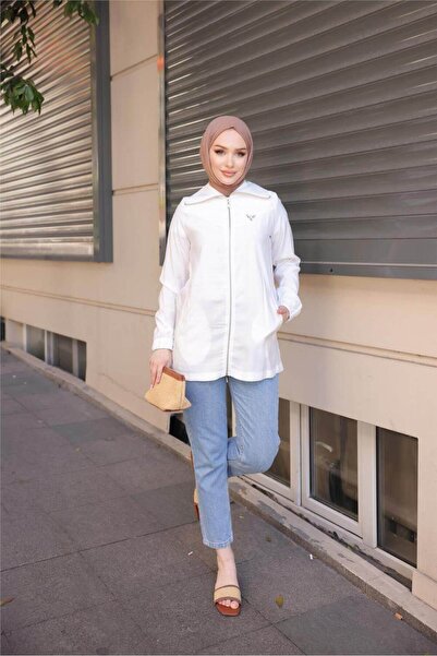 Bwest Destan Taş Λεπτομερές Μπουφάν με φερμουάρ - (38-46) - 71139 - Κρεμ