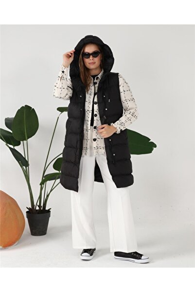 Bwest Αμάνικο φουσκωτό μακρύ γιλέκο με κουκούλα - 70040.003 - Μαύρο