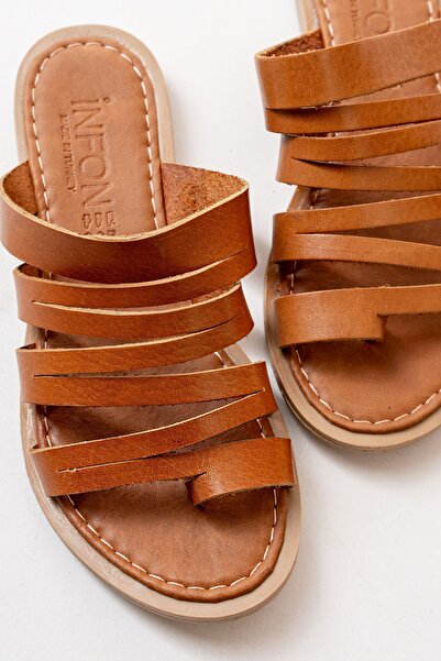 serkanseyyid 169-082 Tan Orthopedic Genuine Leather Women's Slippers