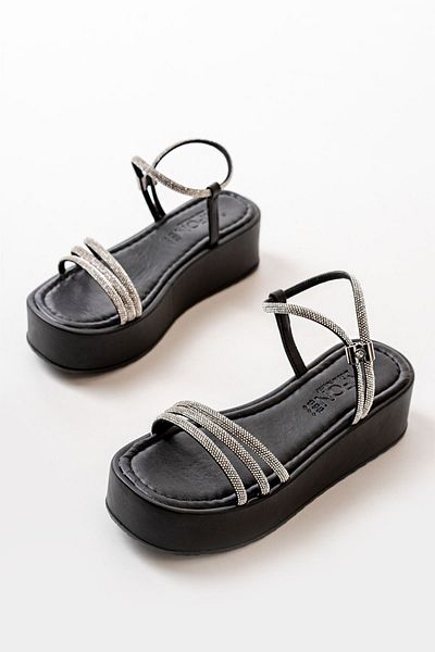 İNFON 861-1100 Black Stone Wedge Women's Sandals