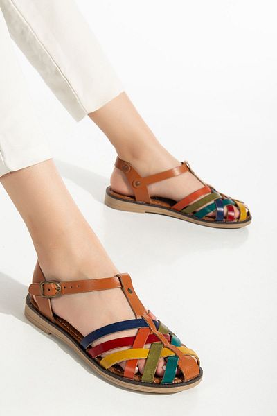 ELLOLİTA LUXURY SHOES 205-02 Tan Multi Orthopedic Genuine Leather Women's Sandals