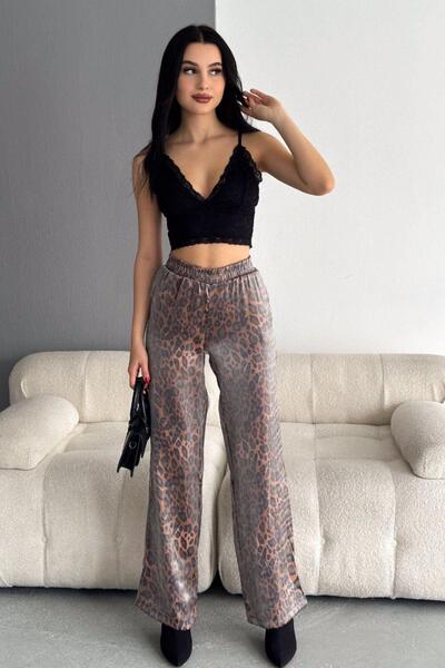 Mossta Patterned Palazzo Trousers with Elastic Waist Pockets Brown