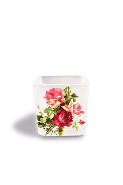 TİNK Dekoratif Buzlu Cam Mumluk Vintage Güllü Desen 8x8 Cm (2 ADET)