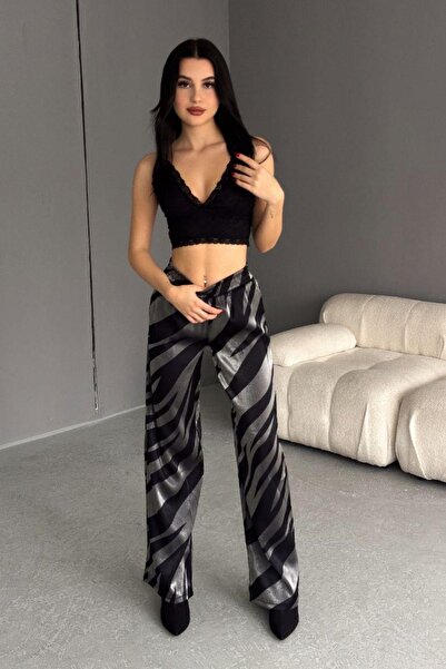 Mossta Patterned Palazzo Trousers with Elastic Waist Pockets Black