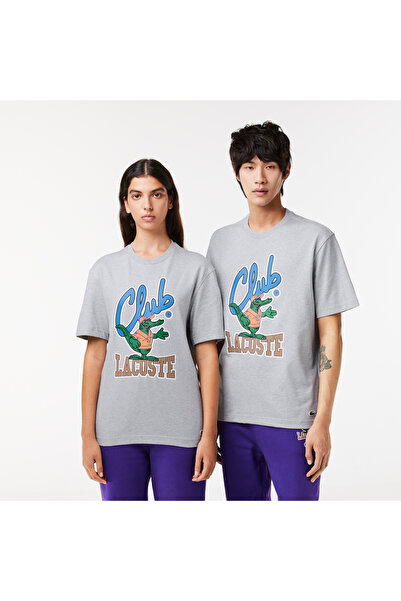 Lacoste Unisex Relaxed Fit Bisiklet Yaka Baskılı Gri T-Shirt