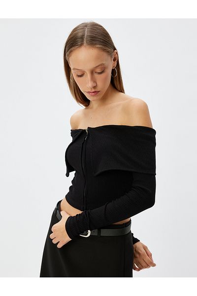 Koton Tricou Crop Mânecă lungă, cu fermoar, cu nervuri, cu umăr deschis, slim fit