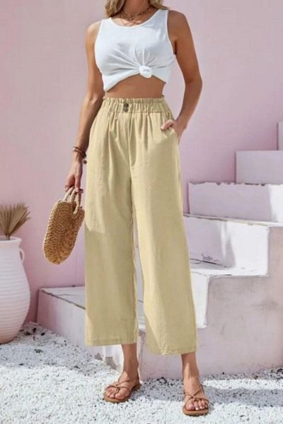 Mossta Beige Linen Capri Pants - Waist Drawstring and Button Detail