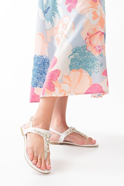 serkanseyyid 152-1110 White Silver Jewelled Flip Flops Women's Sandals