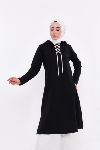 Bwest Eflin Collar Tied Hooded Long Sweatshirt - 03030.003 - Black